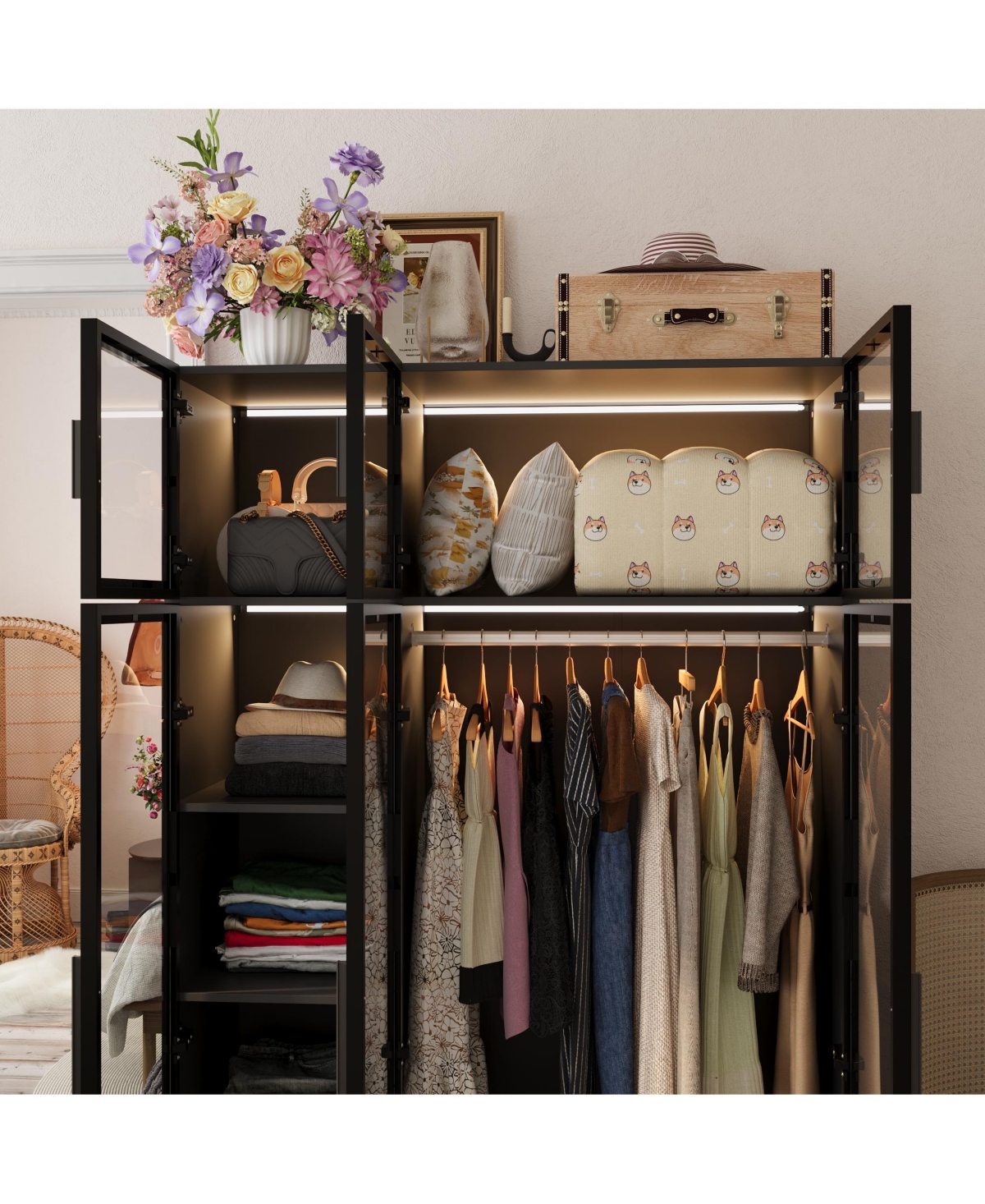 6-Glass Doors Armoire，Metal Frame Wardwore with Led Lights, Hanging Rod,Bedroom Closet