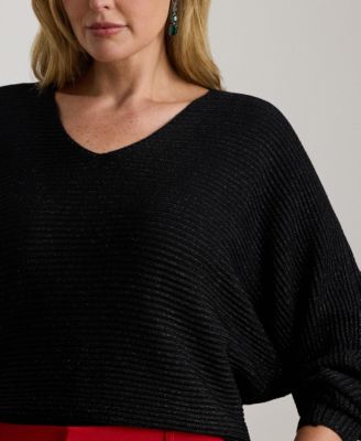 Plus Size Metallic Rib-Knit Dolman-Sleeve Sweater