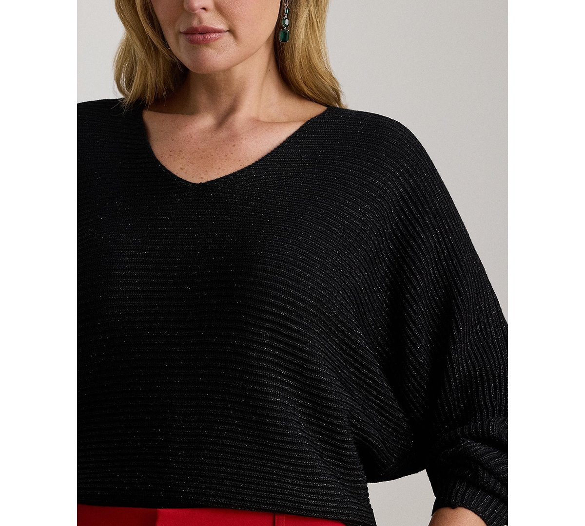 Ralph Lauren Plus Size Metallic Rib-knit Dolman-sleeve Sweater In Black