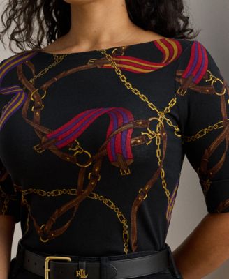 Plus Size Print Stretch Boat Neck T-Shirt