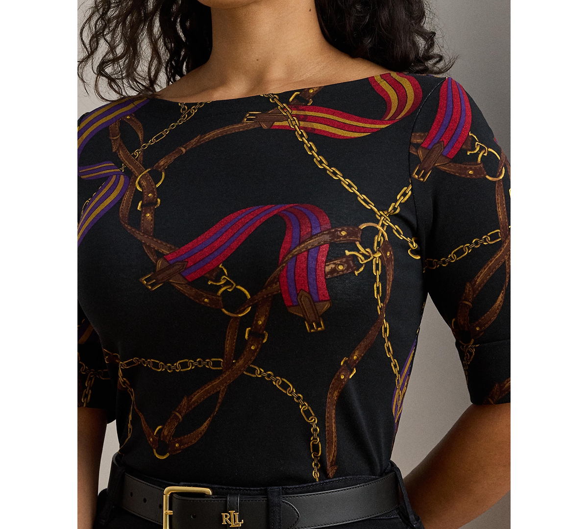 Lauren Ralph Plus Print Stretch Boat Neck T-Shirt