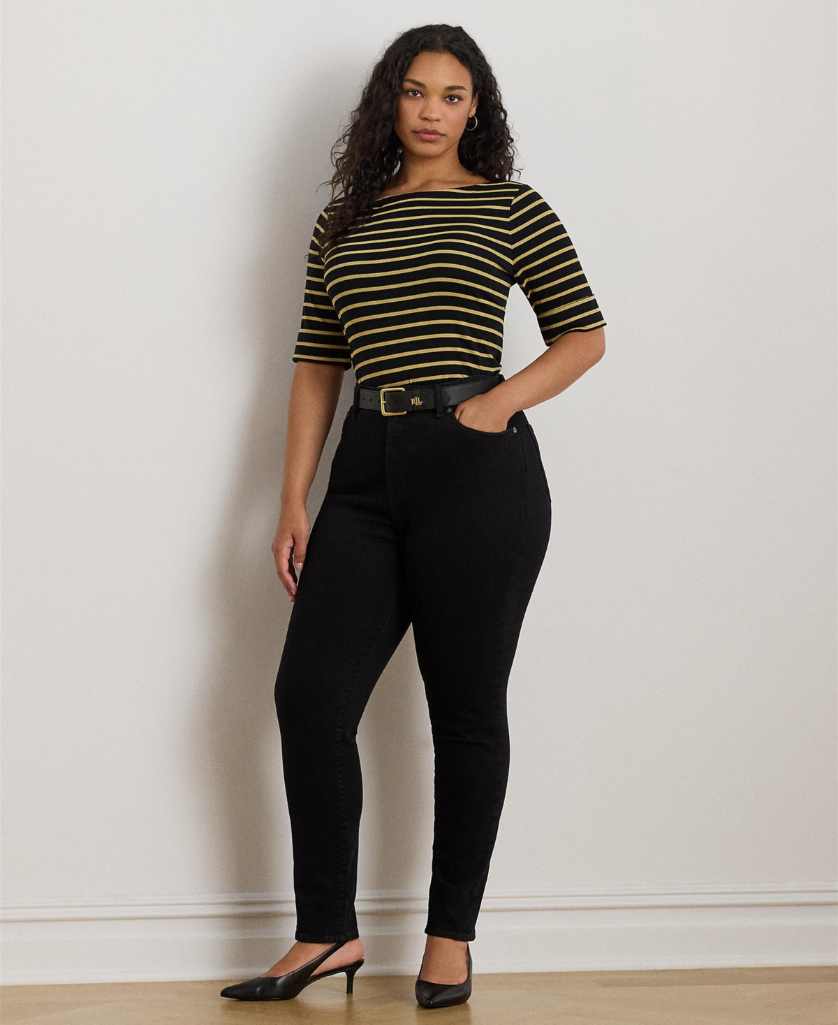 Ralph Lauren Plus Size Metallic Striped Boat Neck T-shirt In Black