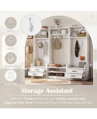 4-in-1 Detachable Hall Tree with Storage and 7 Hooks, Multiple Functions Hallway Coat Rack with Storage Drawers and Cabinet, Shoe Bench