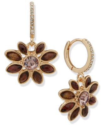 Cubic Zirconia and Glass Stone Gold-Tone Flower Pave Drop Hoop Earrings