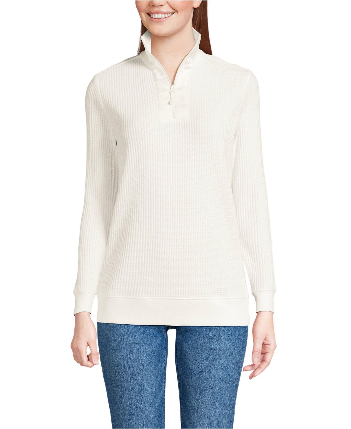 Женский свитер Lands' End Long Sleeve Waffle Quarter Zip Pullover, цвет: Слоновая кость — фото 1
