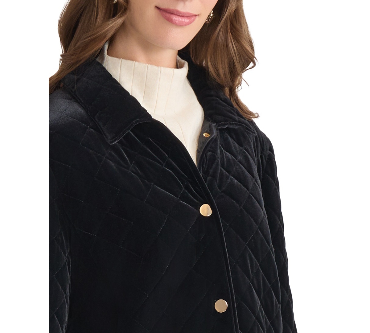 Jones New York Women's Quilted Velvet Snap-front Jacket In Black