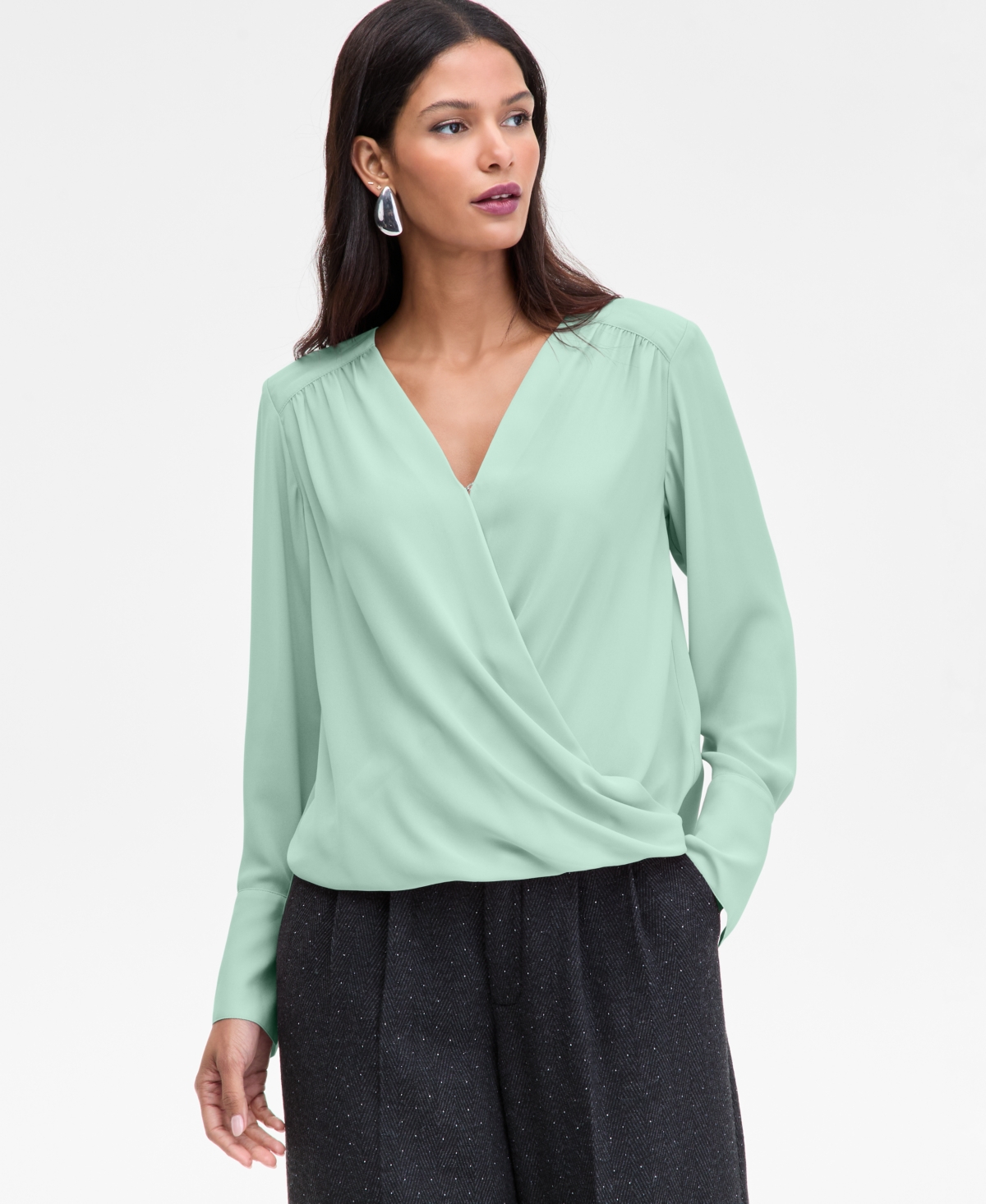 Inc International Concepts Women's Surplice Long-sleeve Blouse, Exclusively At Macy's In Green