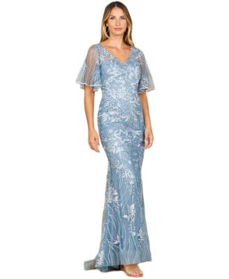 Women's Overskirt Lace Fitted V-Neck Gown with Cape Sleeves