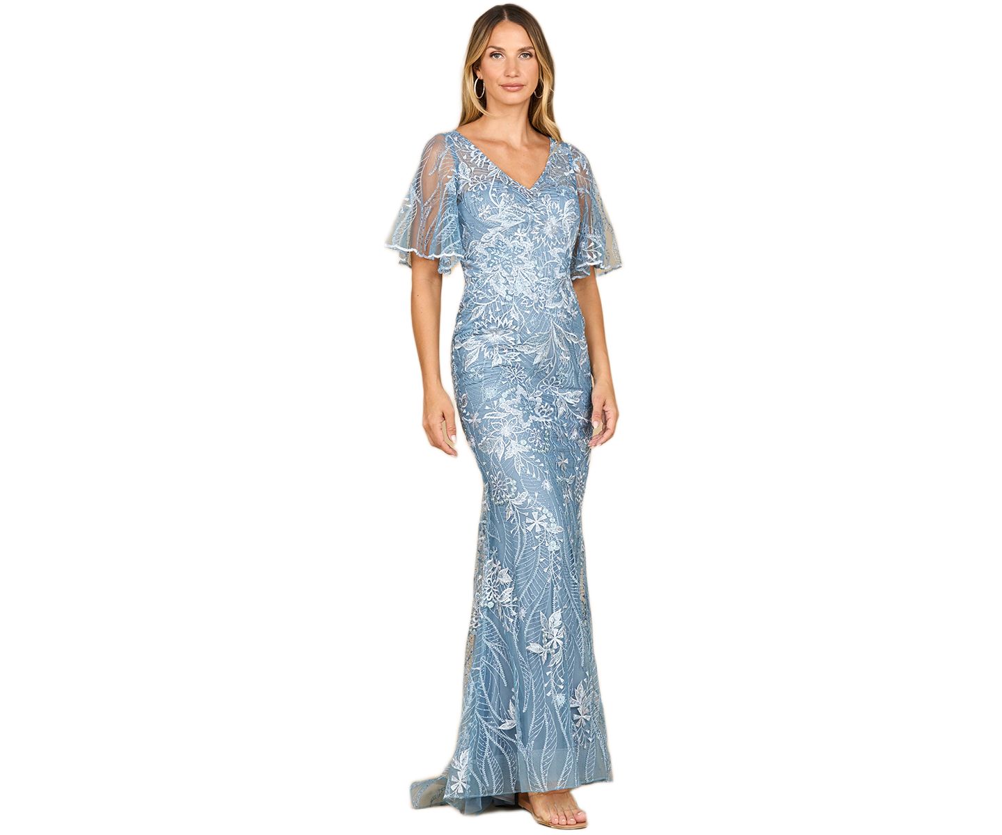 Женское платье Lara Overskirt Lace Fitted V-Neck Gown with Cape Sleeves, цвет: Синий — фото 3