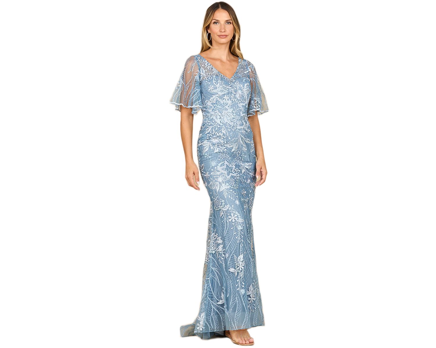 Women's Overskirt Lace Fitted V-Neck Gown with Cape Sleeves