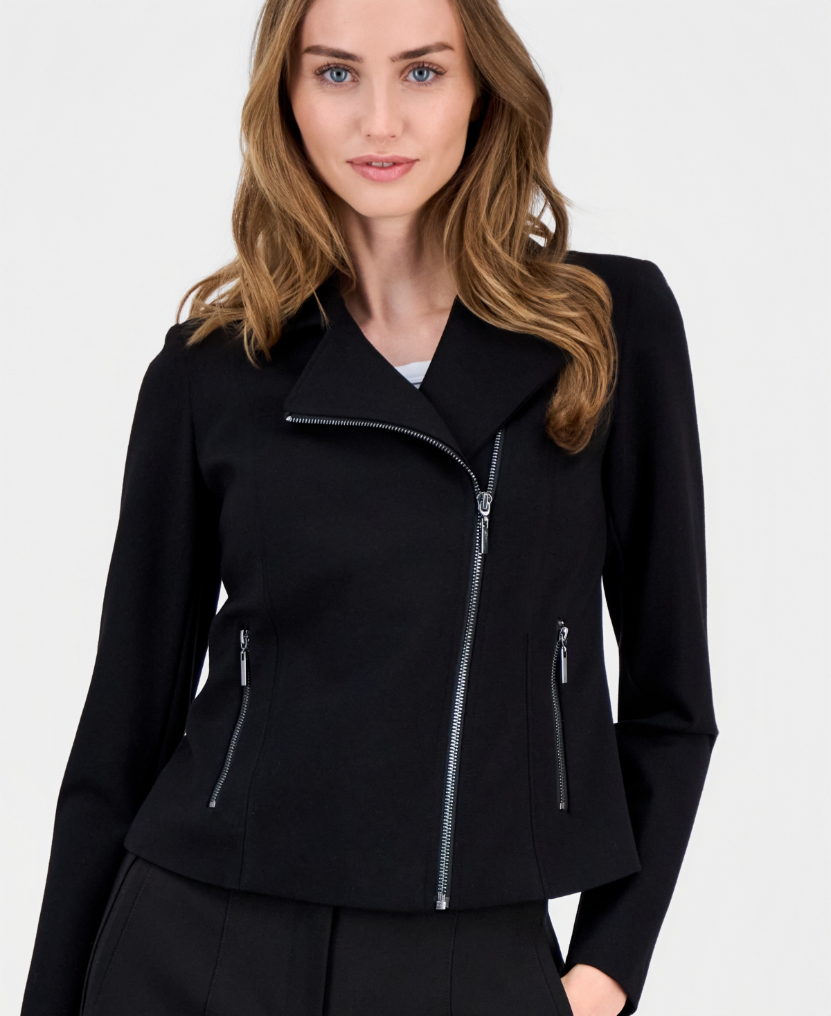 Anne Klein Women's Notched Collar Knit Moto Jacket In Black