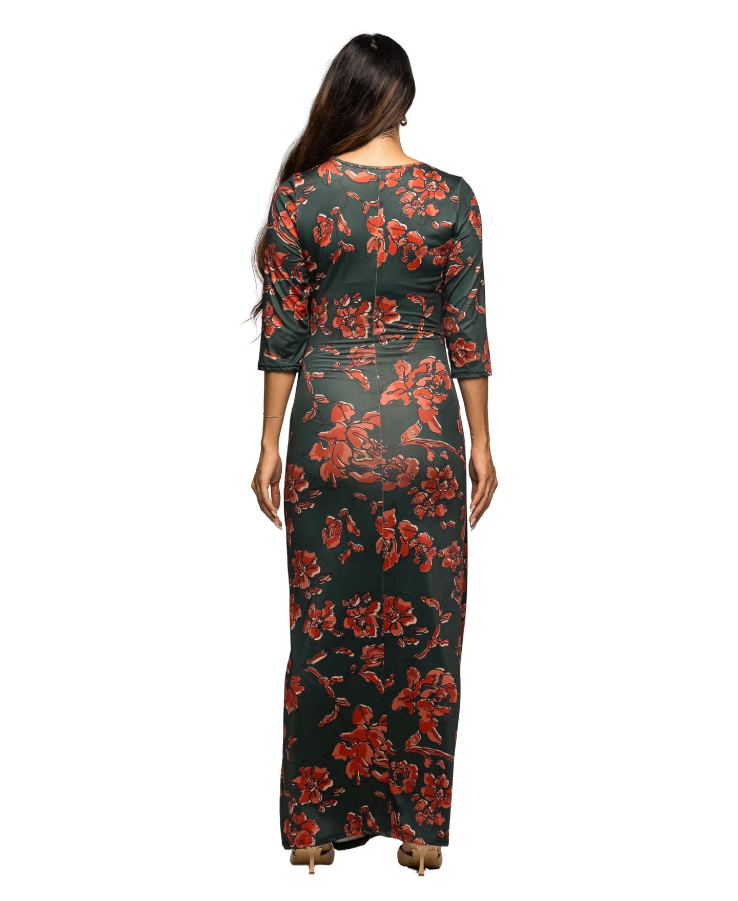 Женское платье 24seven Comfort Apparel Maternity Three Quarter Sleeve Side Slit Maxi, цвет: Зелёный разноцветный — фото 3