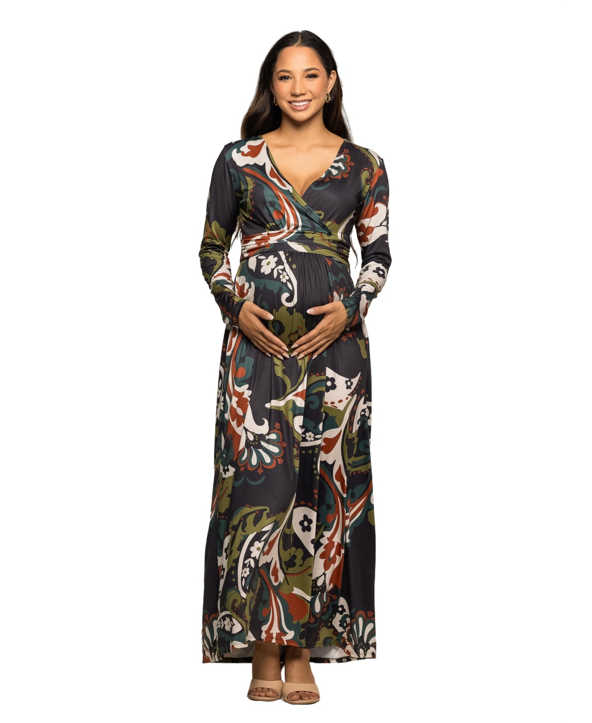 24seven Comfort Apparel Women's Maternity Green Paisley Print Long Sleeve Wrap Maxi Dress