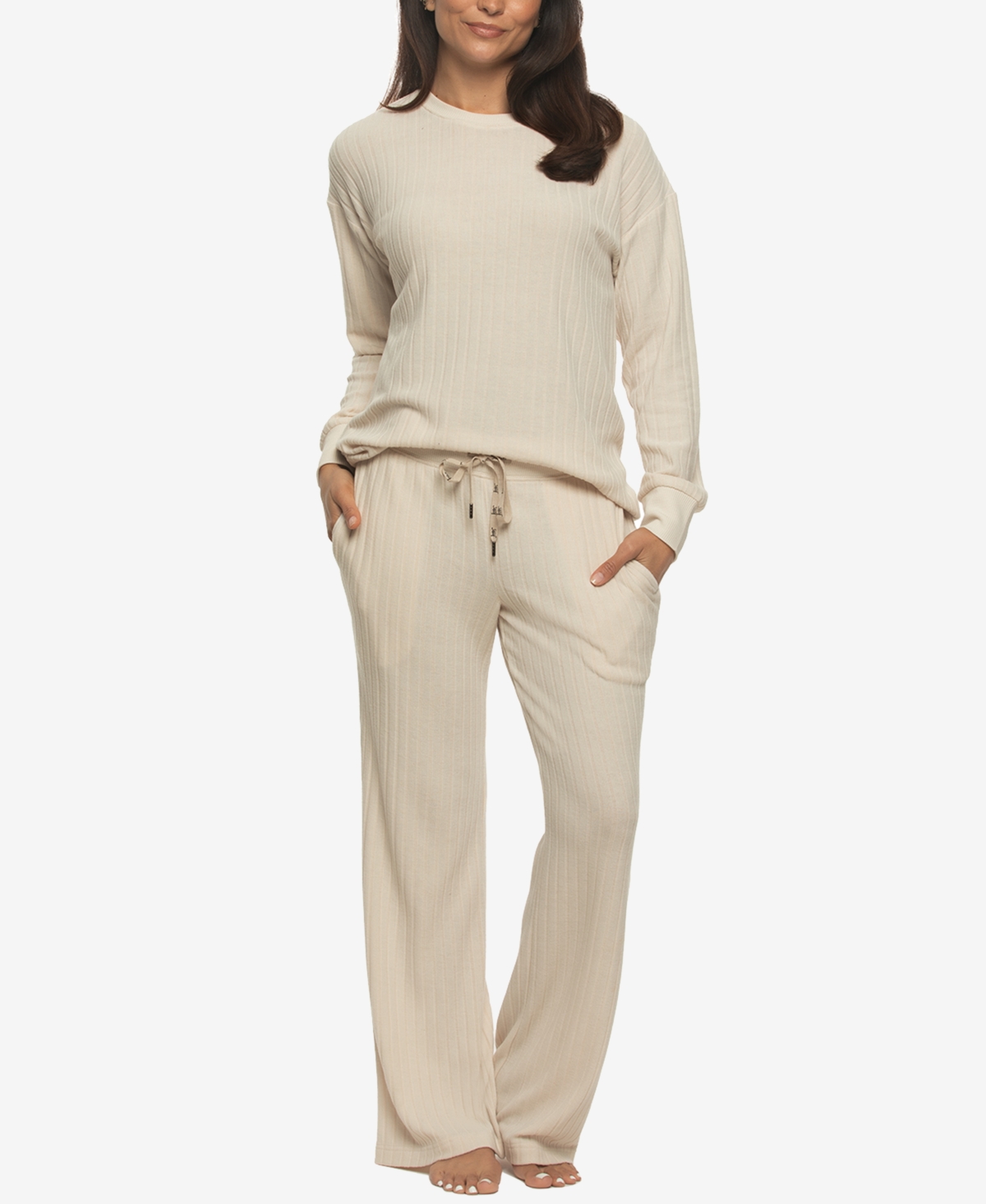 Felina Women's Regular Serena Crew Neck Pullover Brushed Rib Lounge Set In Neutral