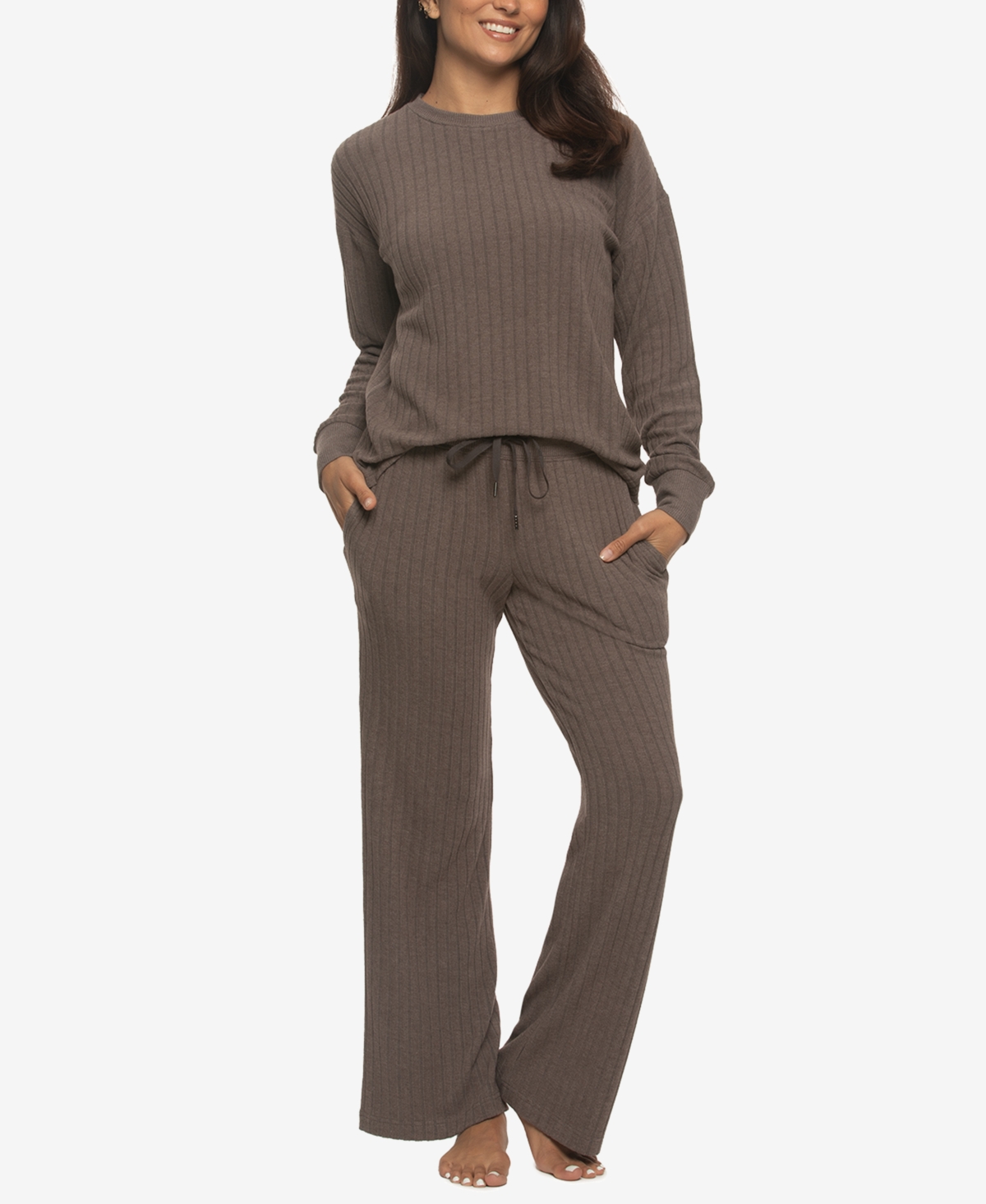 Felina Women's Regular Serena Crew Neck Pullover Brushed Rib Lounge Set In Brown