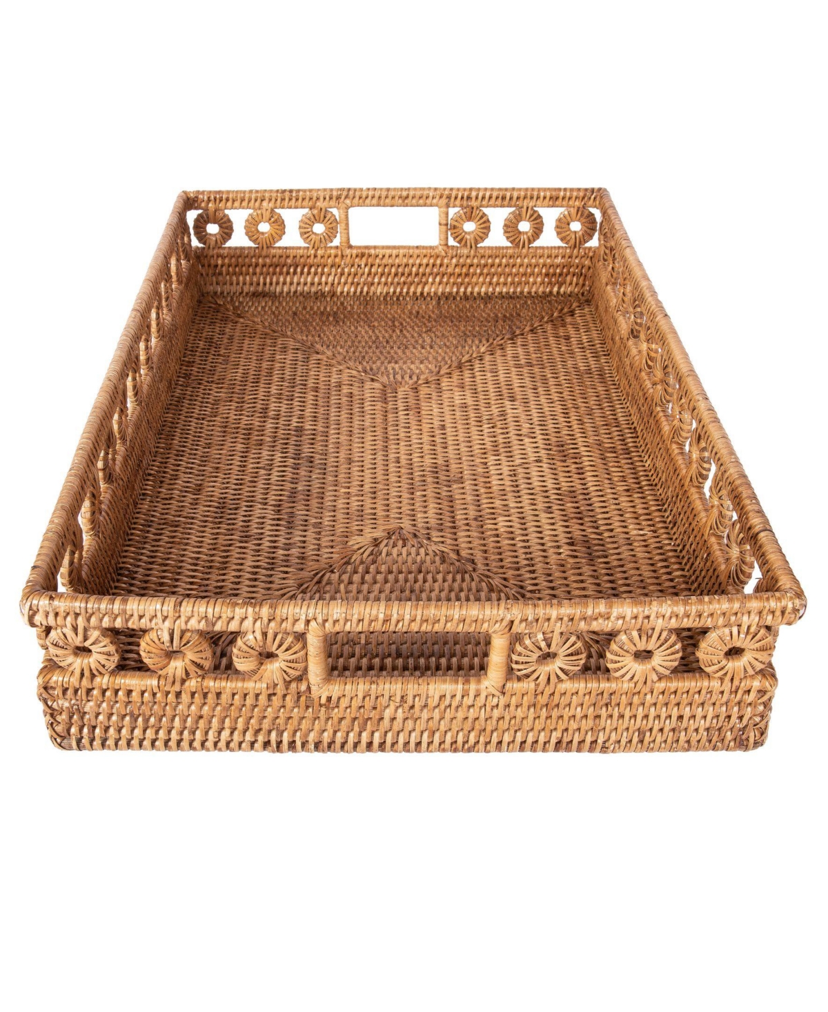 Artifacts Rattan Inna Design Rectangular Tray with Cutout Handles & Glass Insert