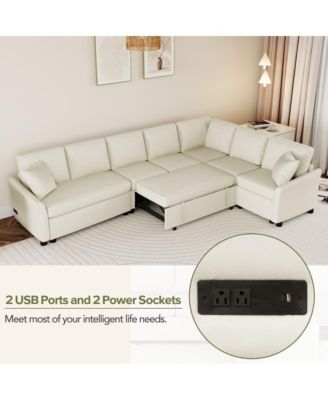 124.8'' L-Shaped Pull Out Sleeper Sofa Bed with USB Ports & Power Outlets, Convertible Sectional Couch for Living Room