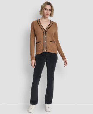 Women's Long Sleeve Tipped V-Neck Cardigan Sweater