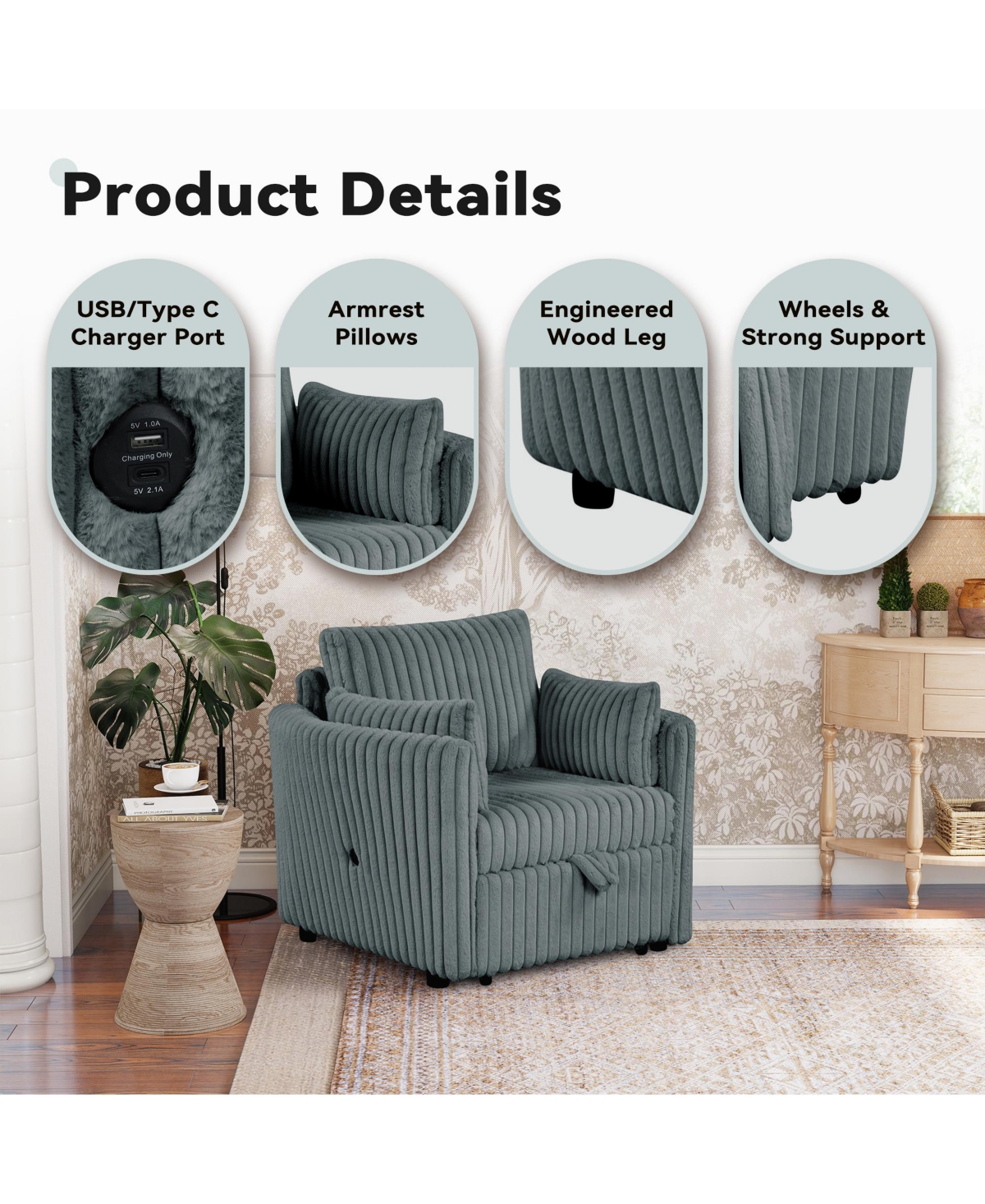 Boyel Living Convertible Sofa Bed Chair Pullout Single Sleeper with Usb and Pillows for Room