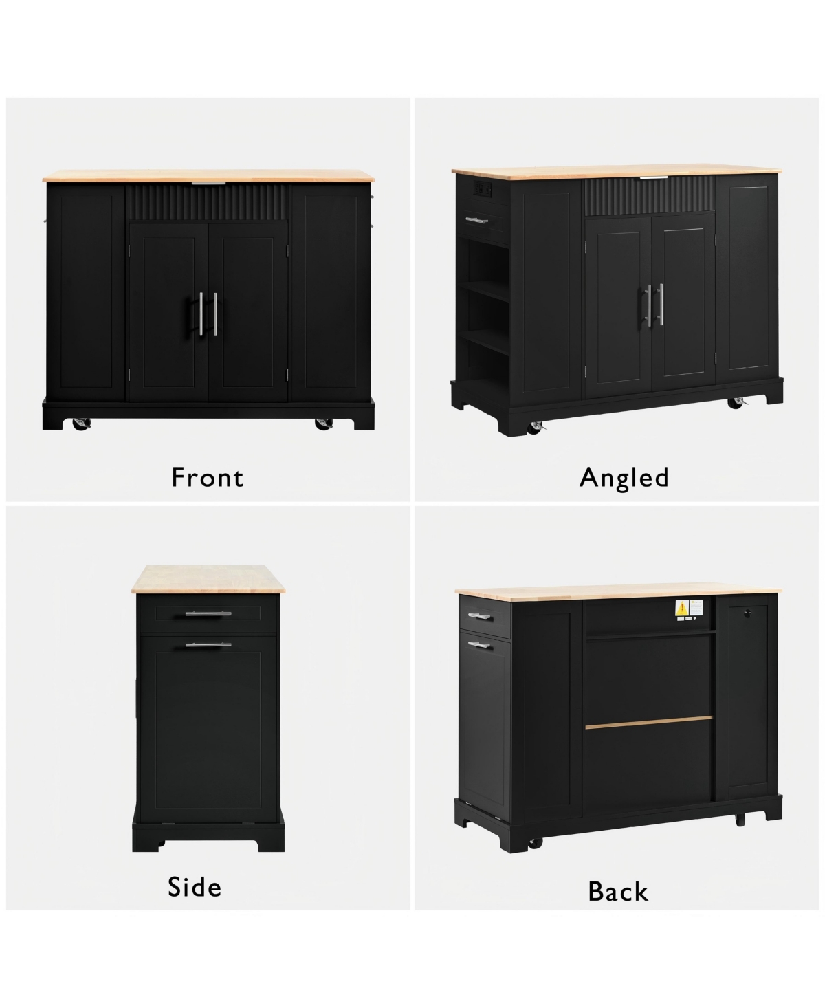 Casainc Fluted Kitchen Island with Trash Can Cabinet, Power Outlet, 3 Drawers, Open Racks, Fits 10 Gallon Bin, Wheels