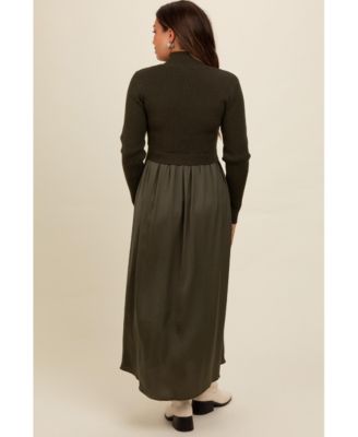 Maternity Olive Knit Contrast Top Satin Midi Dress