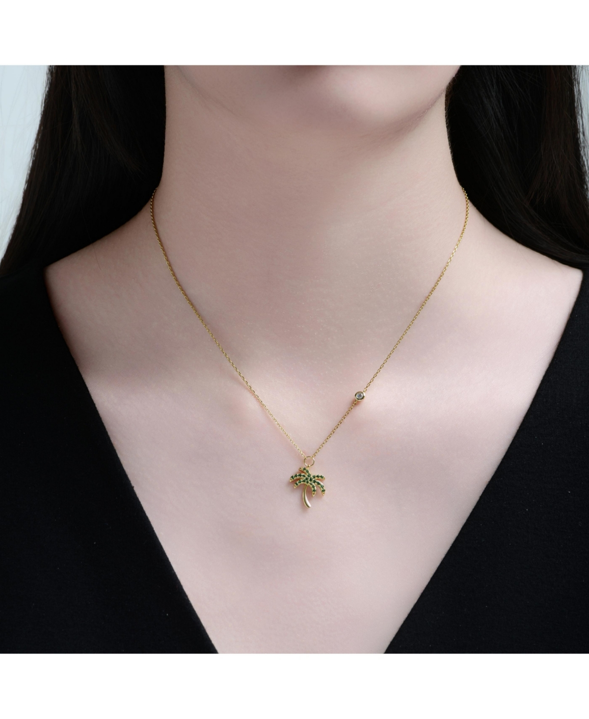 Rachel Glauber 14K Gold Plated with Green Cubic Zirconia Palm Shaped Drop Necklace