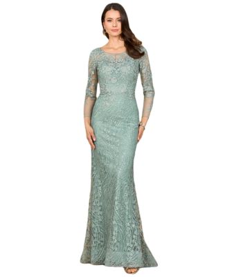 Women's Long Sleeve Gown with Overskirt & Illusion Neckline