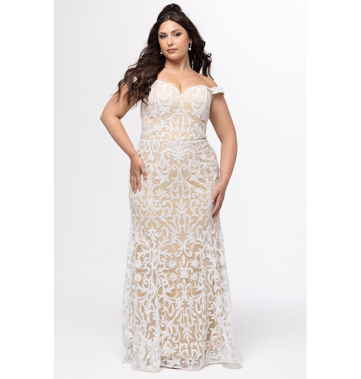 Ivory & Nude Plus Size Off-the-Shoulder Sequin Mermaid Dress