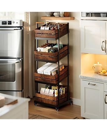 4-Tier Wooden Kitchen Cart with Wheels, Mobile Fruit and Vegetable Storage, Utility Shelf