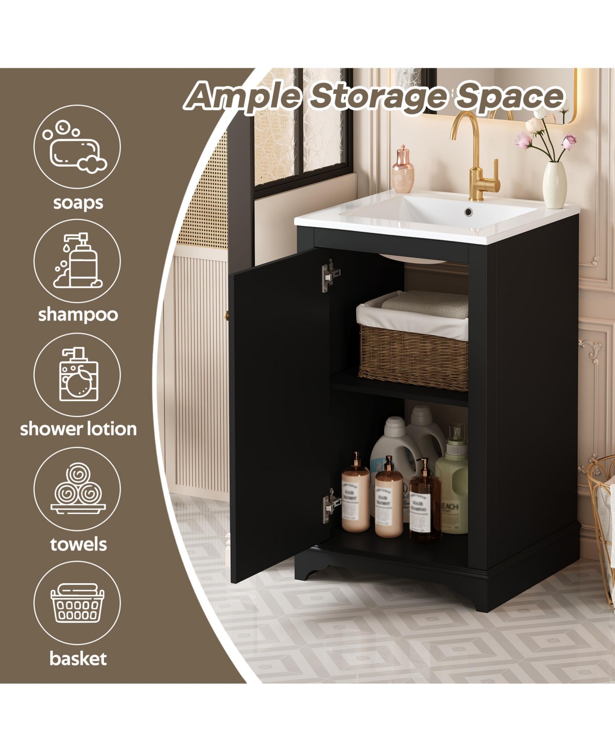 Casainc 20-Inch Bathroom Vanity with Ceramic Sink, Freestanding Single Vanity, Soft-Close Door & Adjustable Shelf