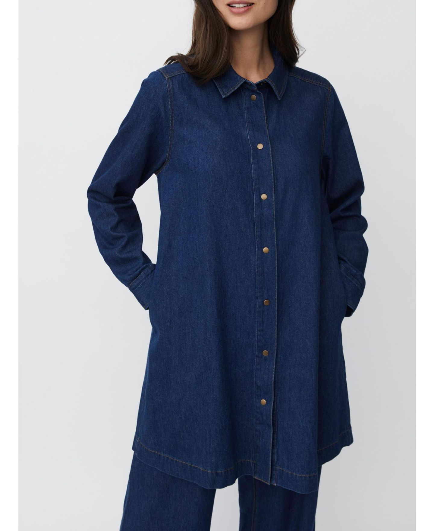 Женская рубашка Masai Copenhagen Denim Long Sleeve Collared Long, цвет: Тёмный джинсовый — фото 8