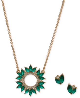 Pav&eacute; & Stone Pendant Necklace & Stud Earrings Set