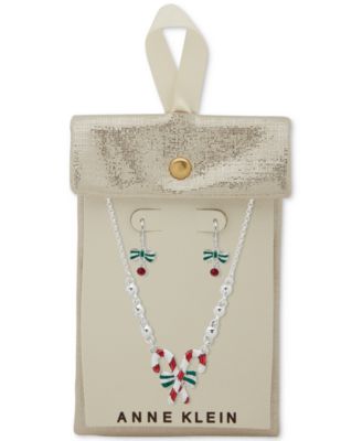 2-Pc. Siam Silver Tone Candy Cane Pendant Necklace and Earrings Set