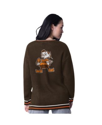 Women's Brown Cleveland Browns Oversized On the Ball Intarsia Knit Pullover Sweater