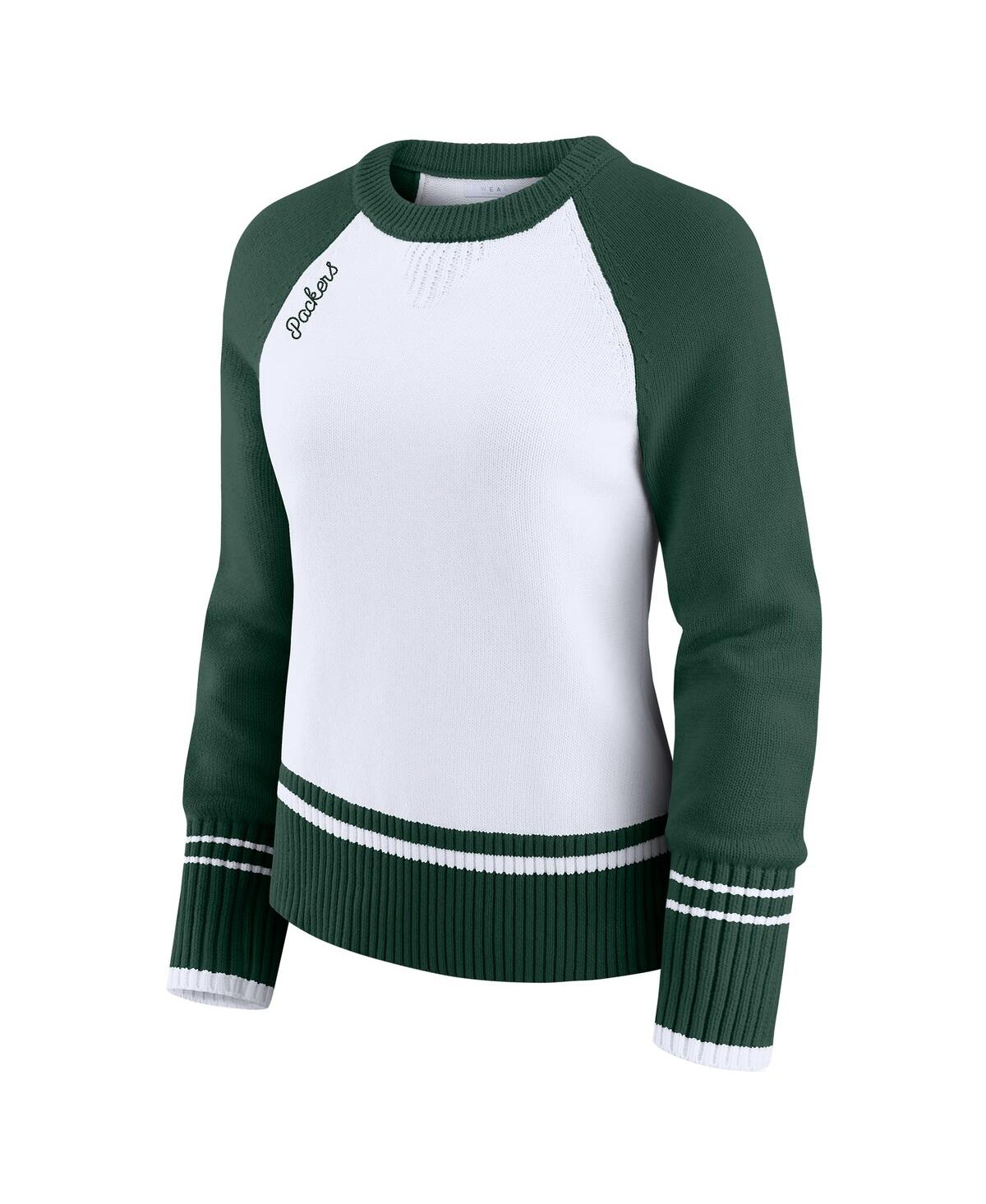 Wear By Erin Andrews Women's White/green Green Bay Packers Color Block Raglan Sweater In Multi