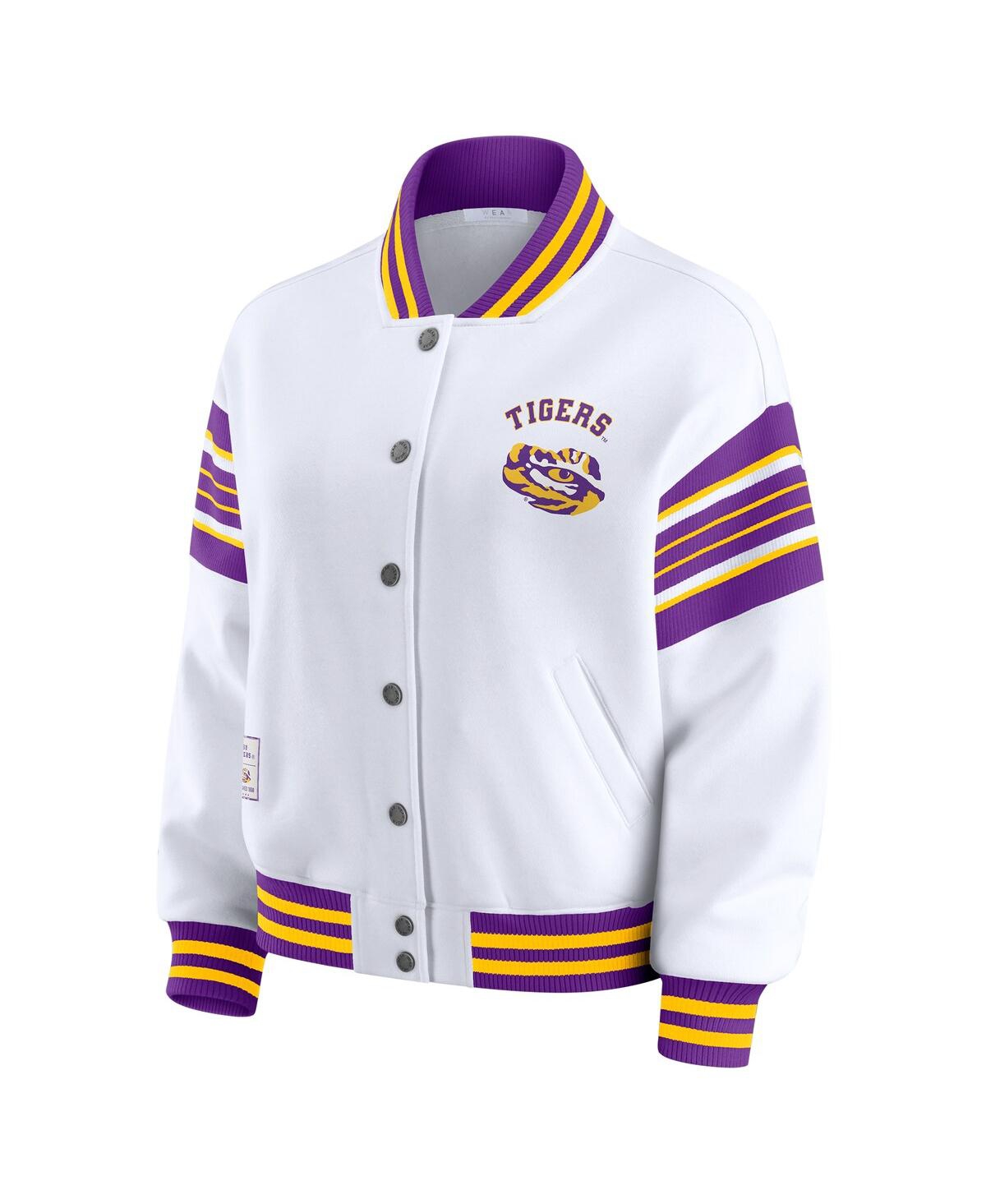 Wear By Erin Andrews Women's White/purple Lsu Tigers Satin Stitch Full-snap Fleece Sweatshirt Jacket In Multi