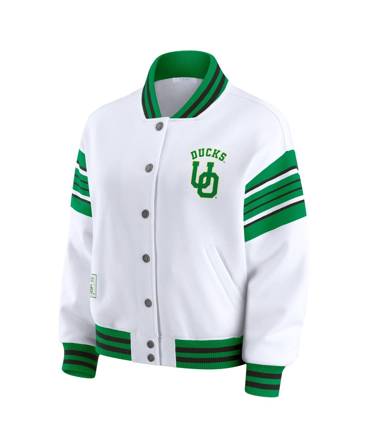 Wear By Erin Andrews Women's White/green Oregon Ducks Satin Stitch Full-snap Fleece Sweatshirt Jacket In White