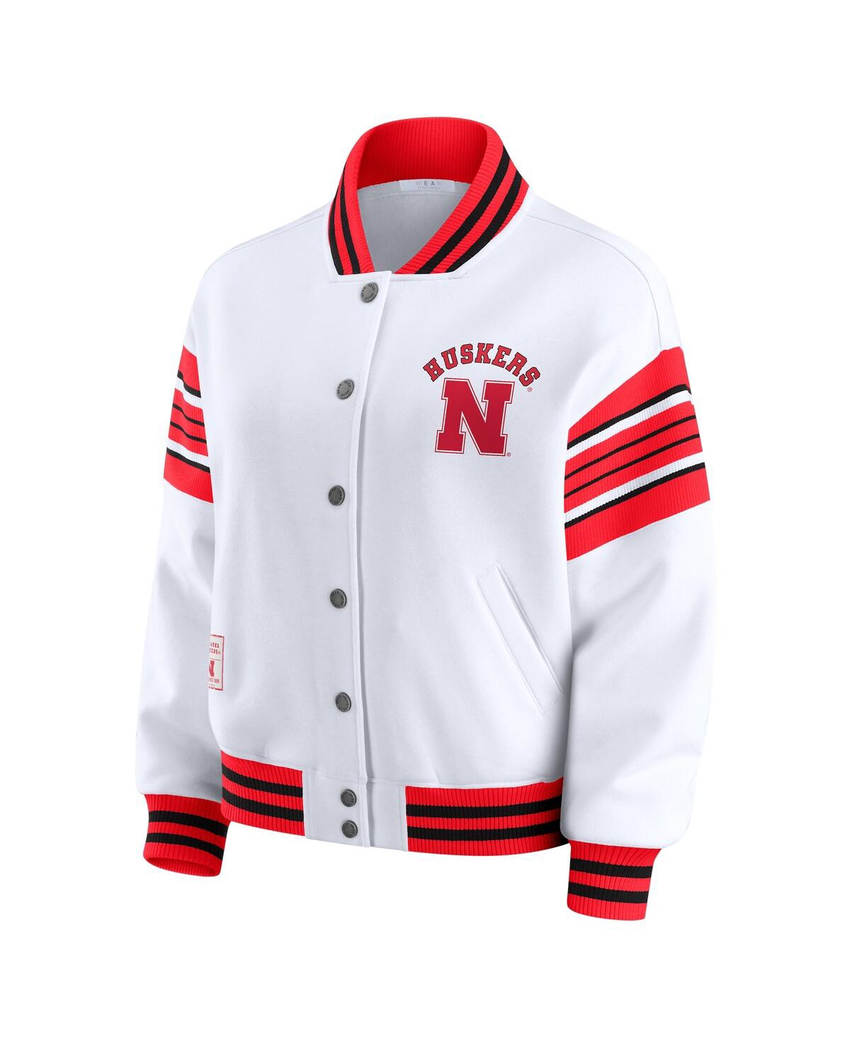 Wear By Erin Andrews Women's White/scarlet Nebraska Huskers Satin Stitch Full-snap Fleece Sweatshirt Jacket In White