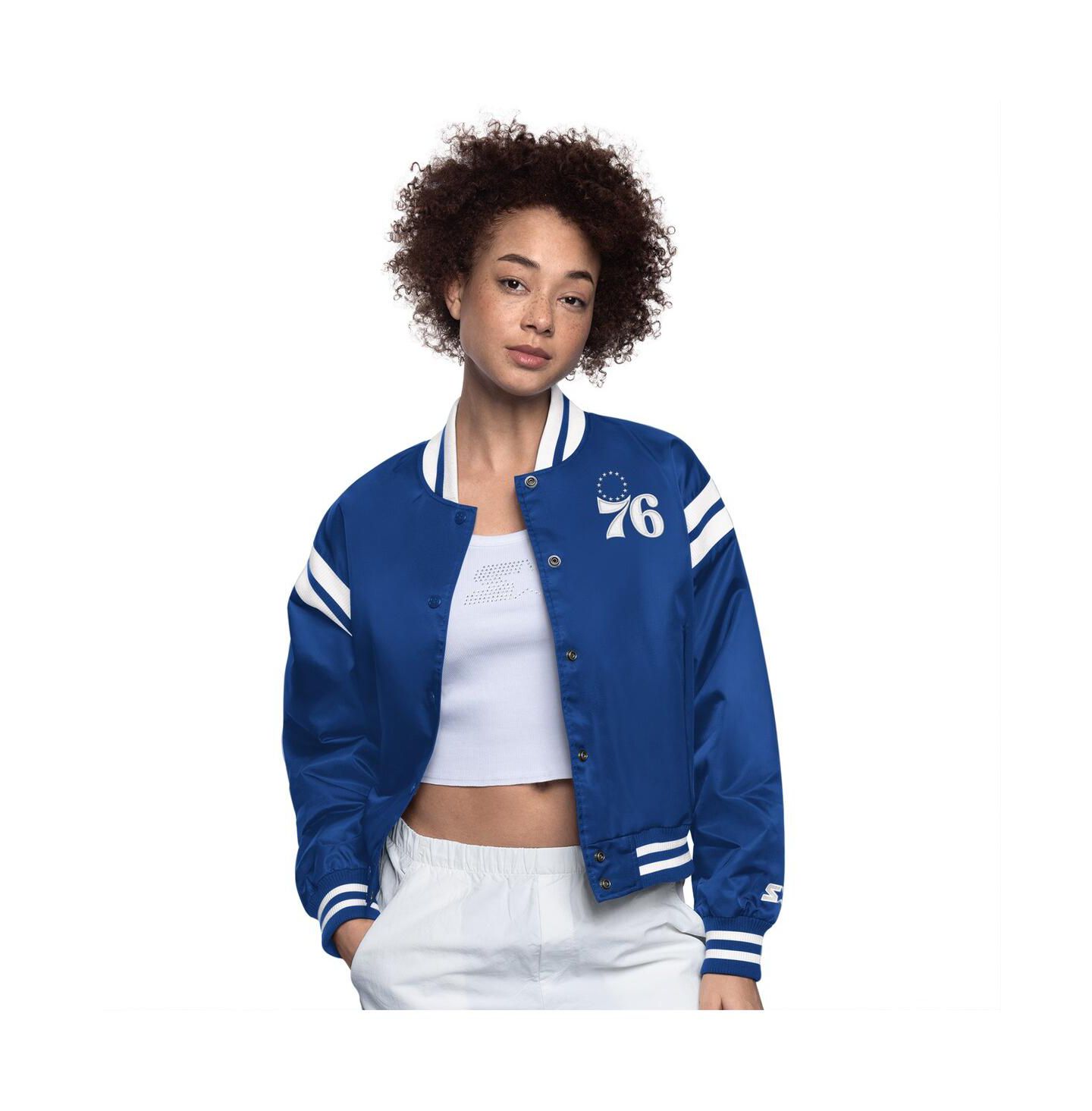 Женская куртка Starter Royal/White Philadelphia 76ers Full Count Satin Full-Snap Varsity — фото 1