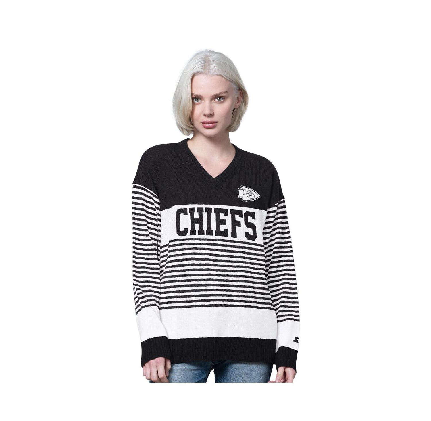 Women's Black Kansas City Chiefs No Huddle Striped V-Neck Sweater