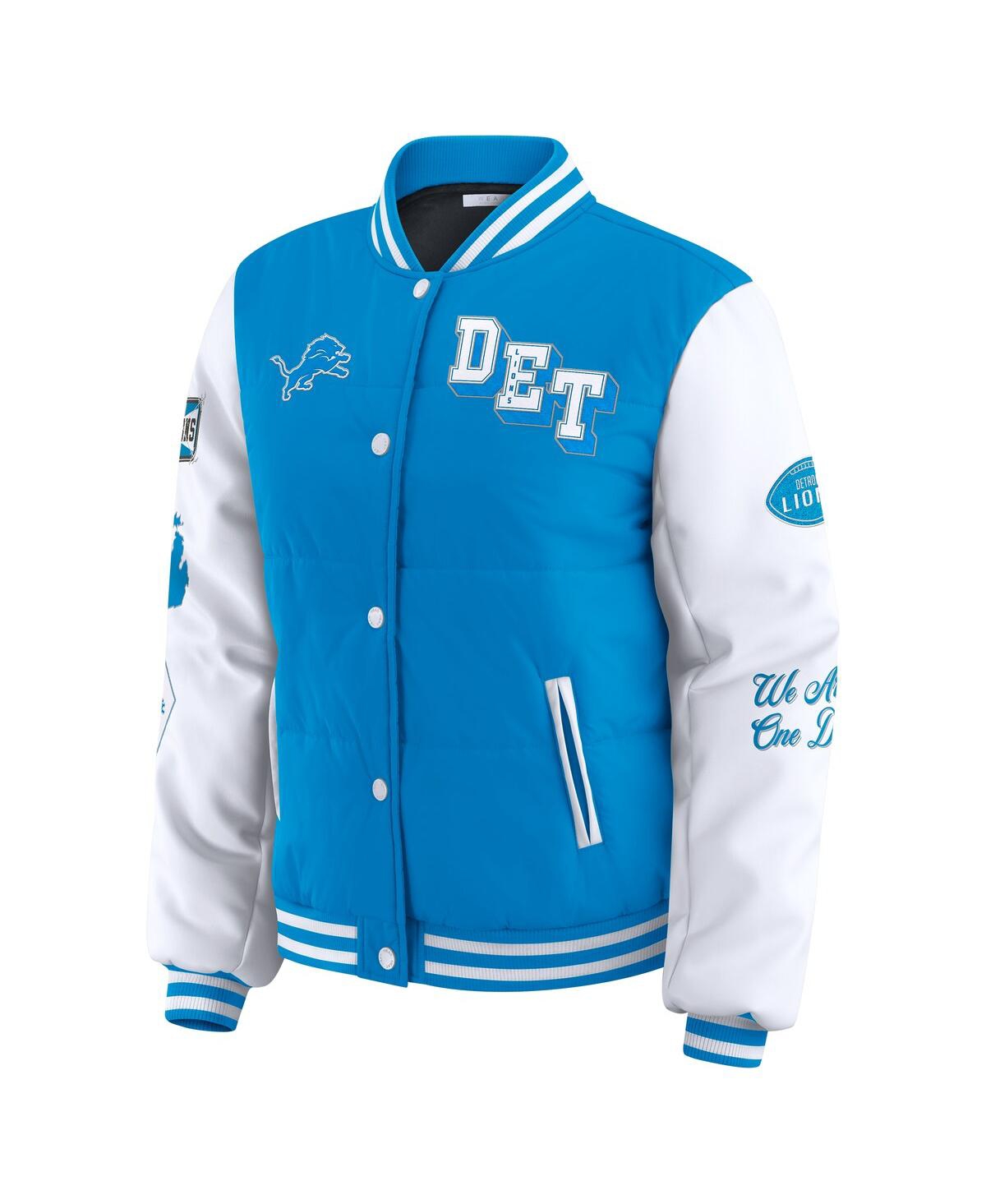 Wear By Erin Andrews Women's Blue Detroit Lions Varsity Full-snap Puffer Jacket In Blue