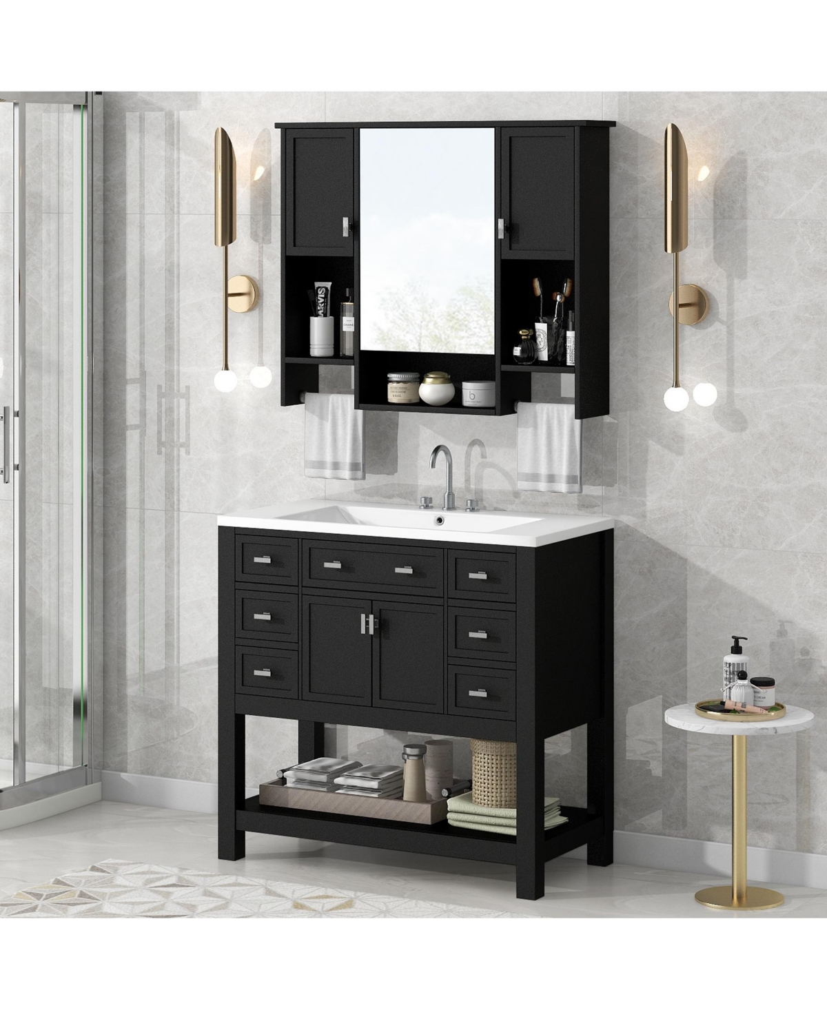 Casainc 36'' Bathroom Vanity with Top Sink, Mirror Cabinet Towel Bar, 2 Doors & 6 Drawers