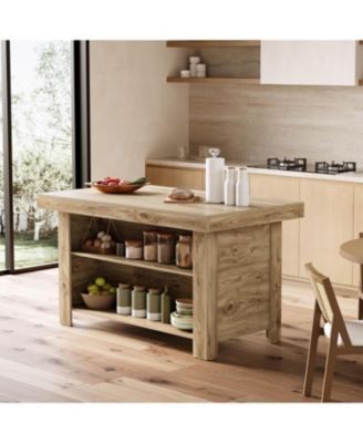 55 Inches Kitchen Island with Storage, 3-Tier Farmhouse Wooden Stationary Island Table