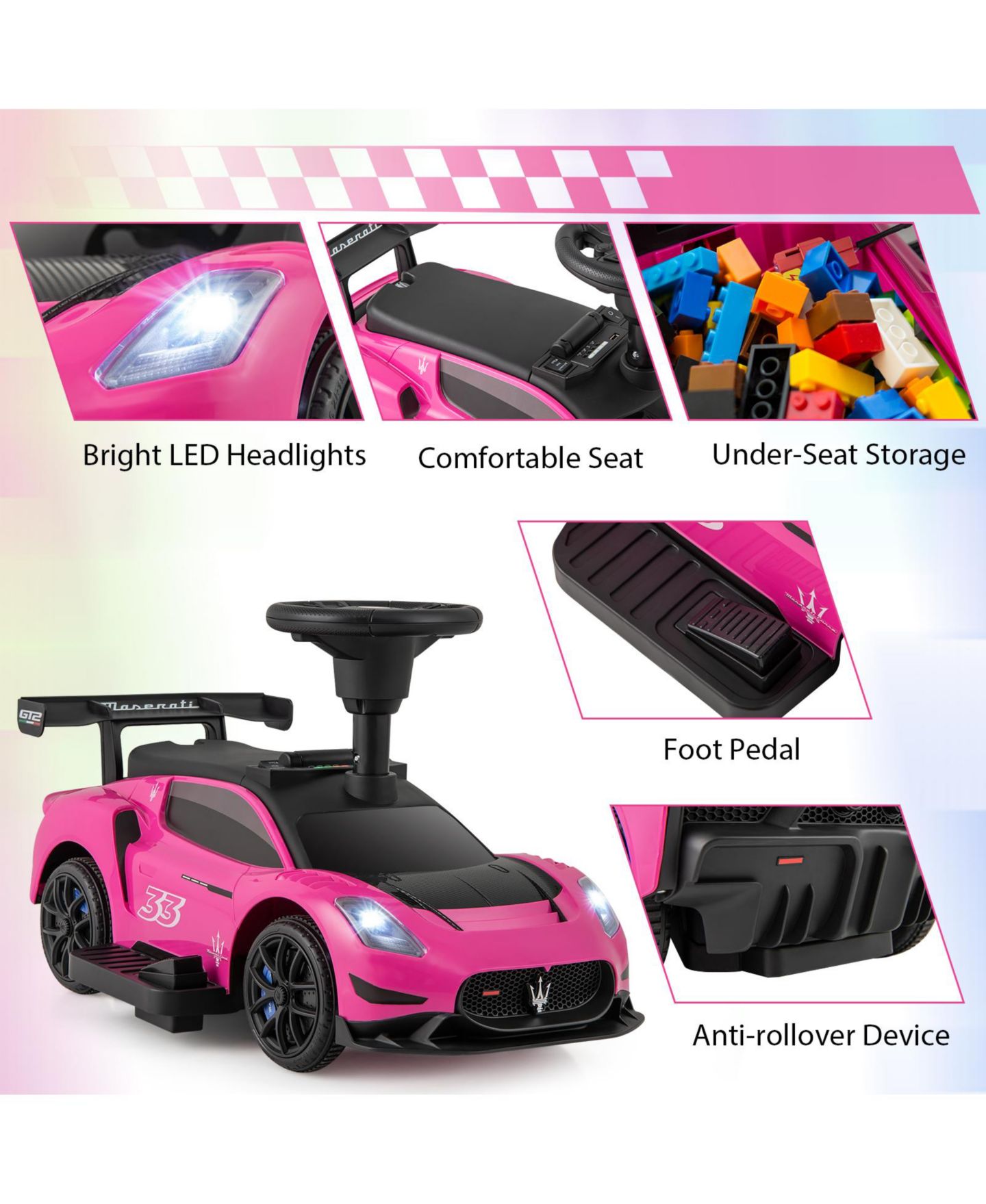 Детская игрушка Gymax Electric Maserati-Licensed Foot-to-Floor Ride-On Push Car, 55 lbs Capacity, Ages 18-60 Months, цвет: Розовый — фото 4