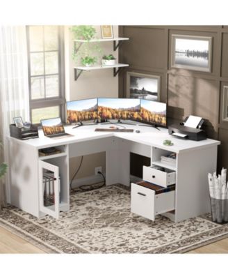 L Shaped Desk with Charging Station, Computer Desk Workstation with File Cabinet and Drawers for Office
