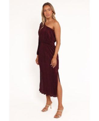 Women's Pontee One Shoulder Pleated Midi Dress - Burgundy