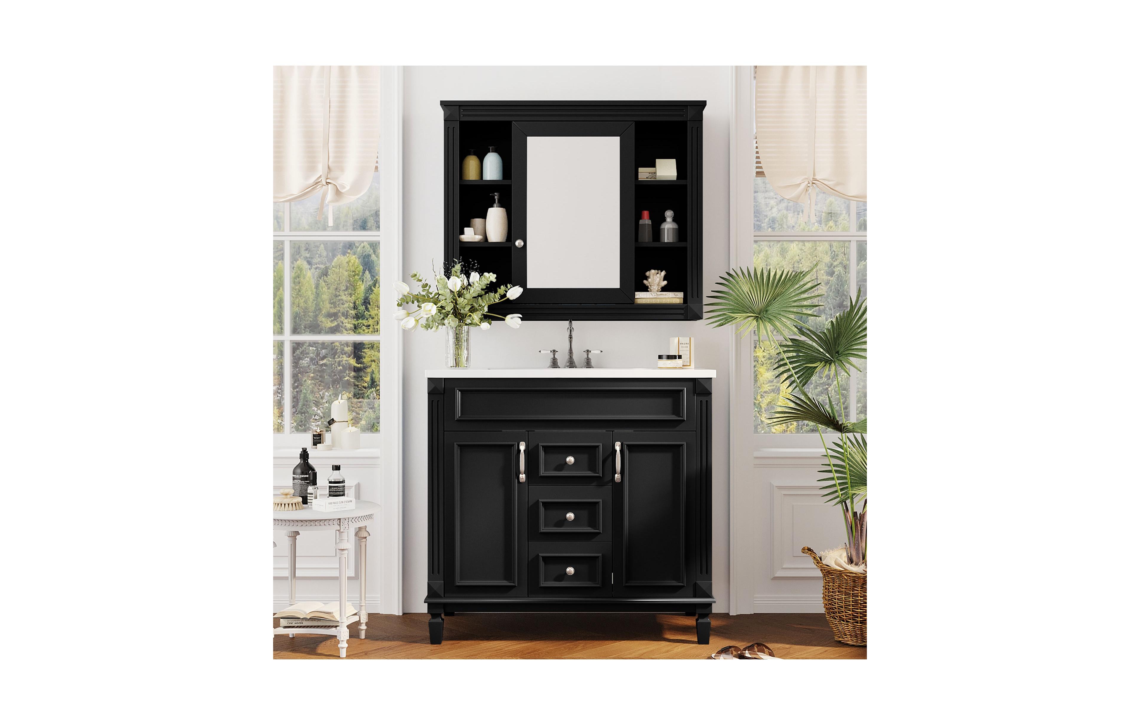 Casainc 36'' Bathroom Vanity with Top Sink, Mirror Cabinet, 2 Soft Closing Doors & Drawers
