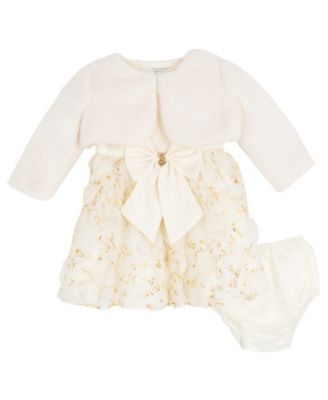 Baby Girls' Satin Bodice 3D Flower Jacket, Dress and Diaper Cover, 3-Piece Set