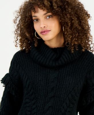 Petite Fringe-Trim Cable Knit Turtleneck Sweater, Macy's Exclusive 