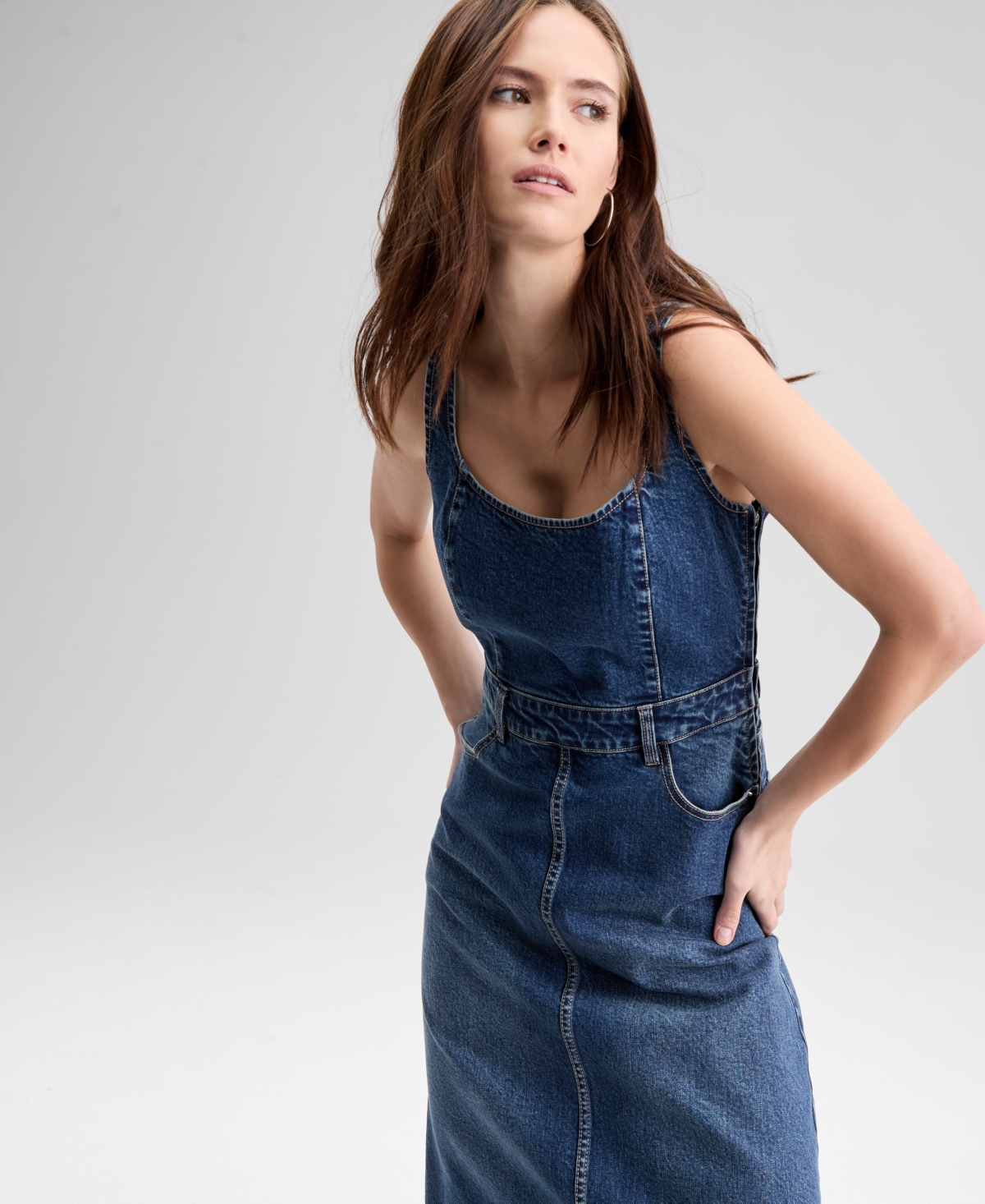 And Now This Petite Denim Scoop Neck Sleeveless Midi Dress, Macy's Exclusive In Blue